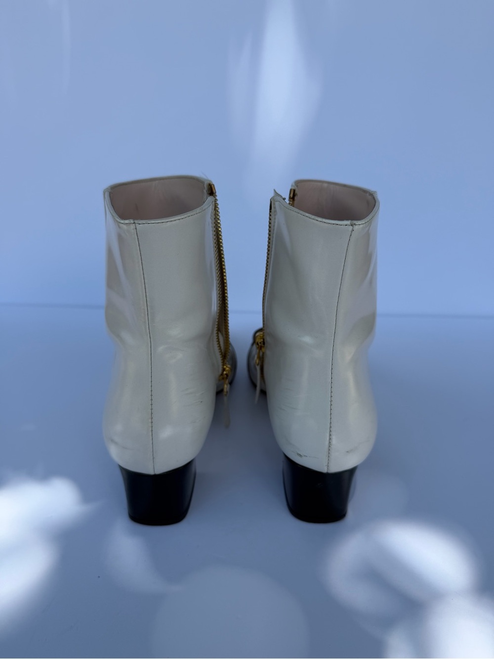 Bally Cream Leather Ankle Boots with Black Strap and Gold Toe Cap - Picture 4 of 5
